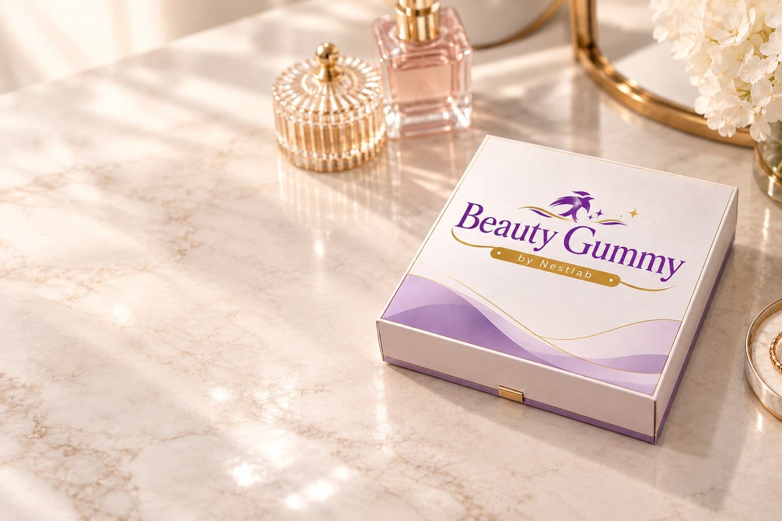 Box Beauty Gummy di meja rias marmer